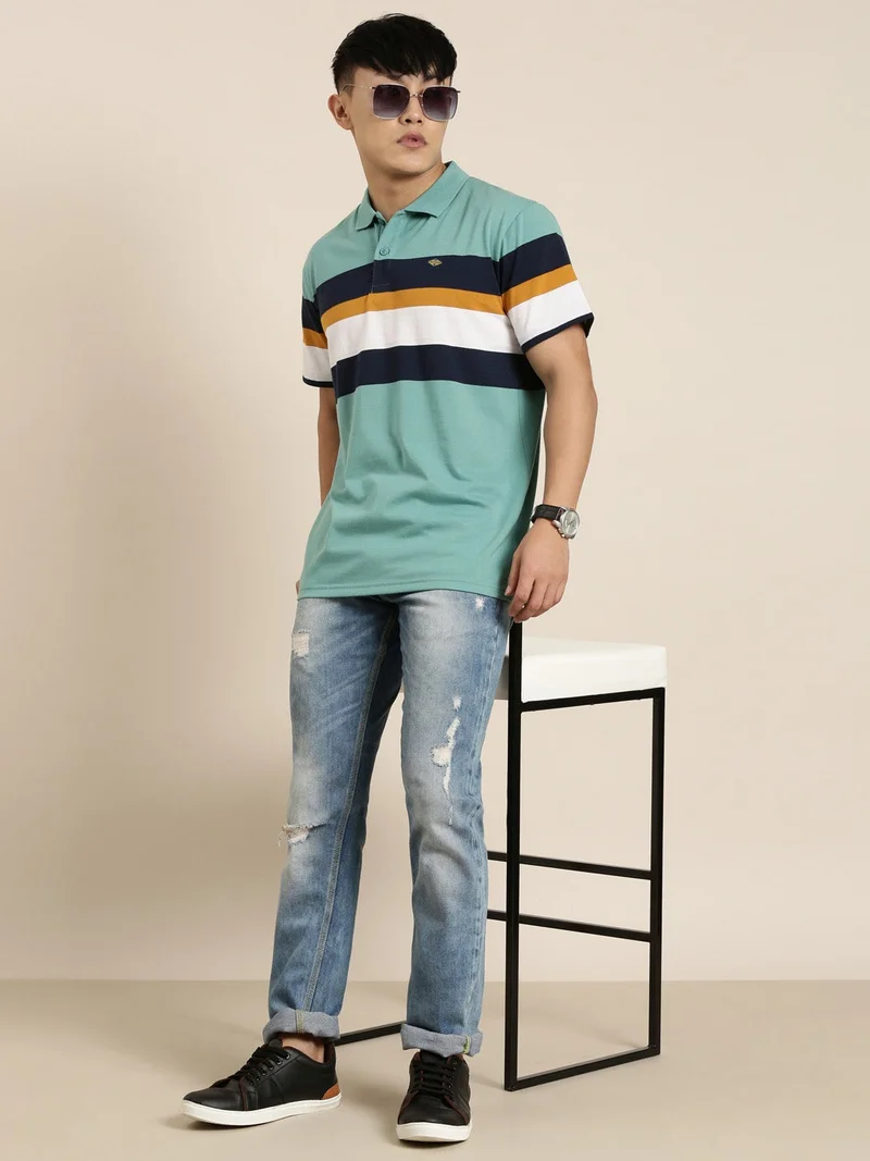 Joven Green Striped Polo T-Shirt for Men